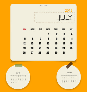 2015 日历，每月日历模板为 7 月。矢量这