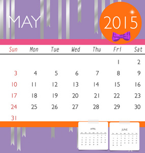 2015 日历，每月日历模板为五月。矢量说明