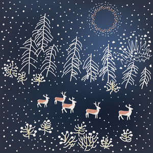 冬季圣诞森林与鹿。矢量图