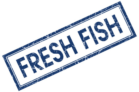新鲜的鱼，蓝色方形邮票孤立在白色背景上