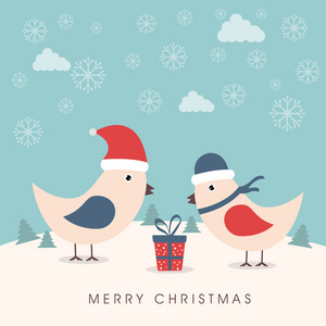 快乐圣诞庆祝与可爱的爱鸟及礼品盒