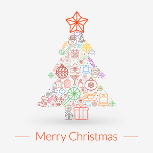 圣诞问候卡，图标和符号，圣诞树上的雪花，礼品盒，圣诞老人元素矢量背景