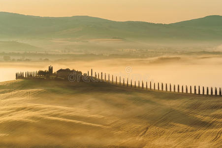 意大利阳光乡村田野上的托斯卡纳雾
