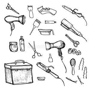美发剪刀手绘插图美发工具剪刀梳子造型照片