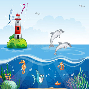 灯塔和海海豚的儿童插图