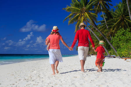 一家人带着孩子在热带海滩散步