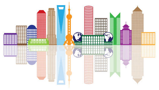 上海海报背景上海城市天际线彩色轮廓矢量图照片