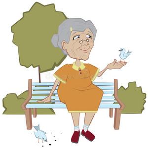 祖母在长凳上喂鸟