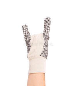 戴着橡胶手套的手显示岩石标志。