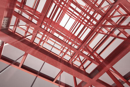 红色钢框架建筑室内模糊视图渲染