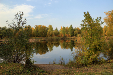 秋季景观在公园里的池塘