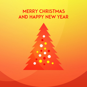圣诞节和新年树在现代平面设计中的红色和黄色的背景上。冬季假期贺卡模板。矢量图