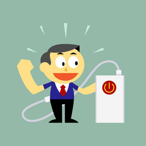 的卡通人卡通平图标电池充电矢量图手和脸可爱完全充电的电池卡通人