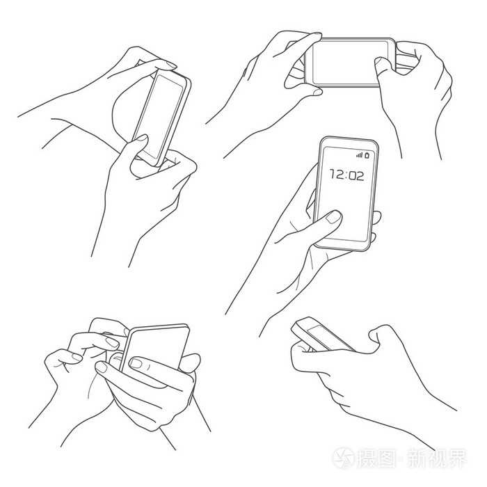 手拿着智能手机素描矢量插图