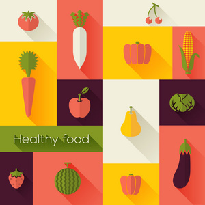 健康的食品和农产品新鲜的概念。平面样式与长长的影子。现代时尚的设计。矢量图