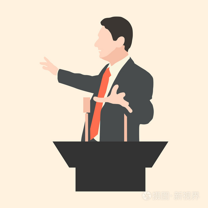 演说家说话带有广泛手势在讲台的后面