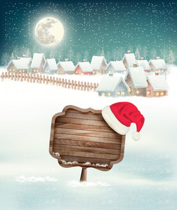冬天的节日圣诞节背景与村庄，一个标志和一个