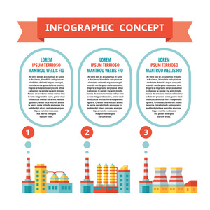 工业厂房信息图表的经营理念在平面设计风格的演示文稿 小册子 web 站点和其他项目。信息图表矢量模板。带编号的步骤选项