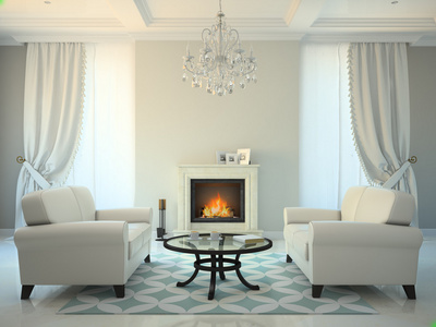 经典风格的房间，壁炉和白色沙发 3d 渲染