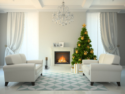 经典风格房间，壁炉和圣诞树 3d 楼效果图