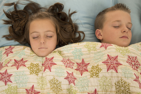 两个可爱的孩子们在雪花毯子下面睡着了