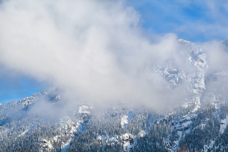 雪雾中的岩石山