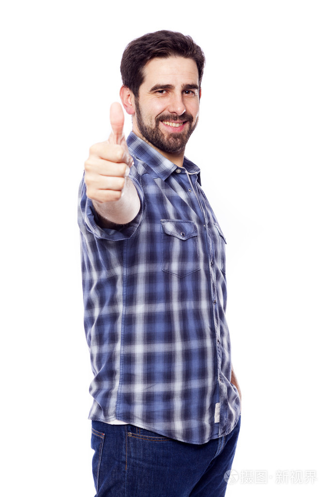 休闲帅哥给大拇指上白色 bac 孤立照片-正版商用图片1hnc58-摄图新视