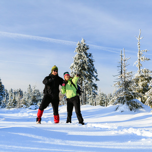 幸福的夫妇在冬天山上的雪径上徒步旅行