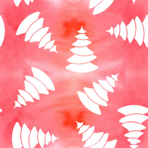 无缝的圣诞节和新年模式。白杉剪影上水彩粉红色背景