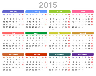 2015年度年历星期一第一英语