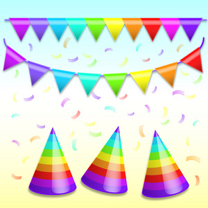 彩虹旗布横幅花环 假日帽子和纸屑。Vecto
