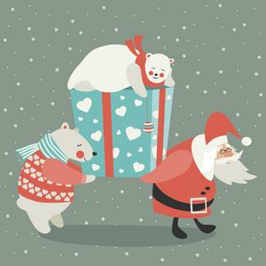圣诞老人和北极熊提着礼物
