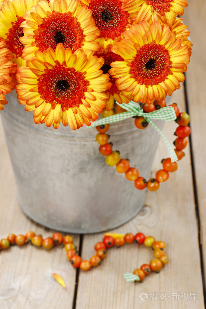 橙色非洲菊雏菊在木制的选项卡上的银色水桶的花束