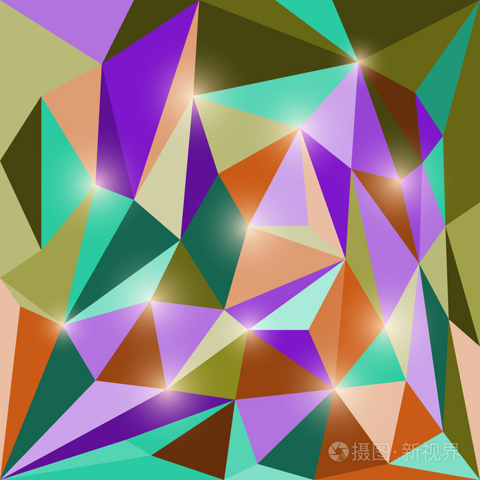 抽象明亮彩色多边形三角几何背景与耀眼的光辉