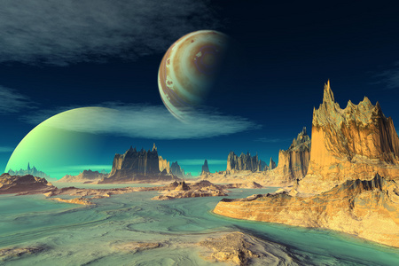 3d 渲染的幻想外星人的星球。岩石和月亮