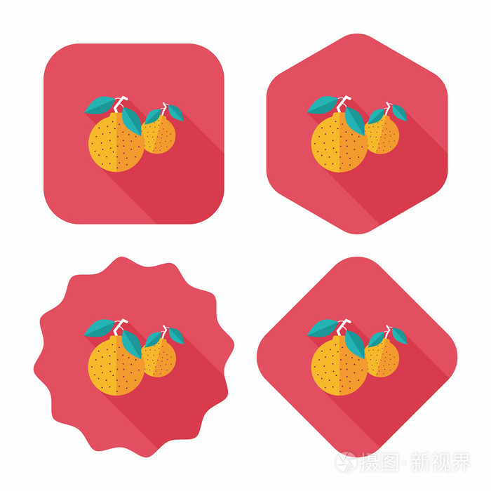 中国农历新年的橘子平图标与长长的影子，eps