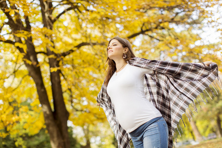 年轻孕妇在秋天的公园