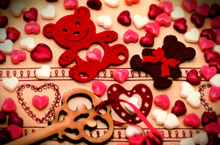 圣瓦伦丁天装饰，熊，心，钥匙，糖果