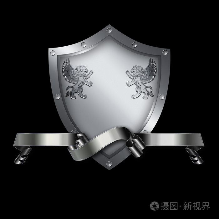 中世纪盾与矛和银色丝带