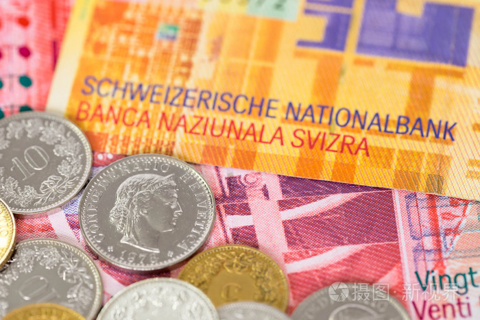瑞士钱瑞士法郎的和硬币特写 焦点