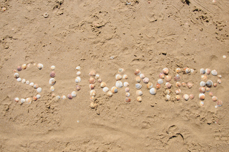 字写在沙滩上的夏天壳