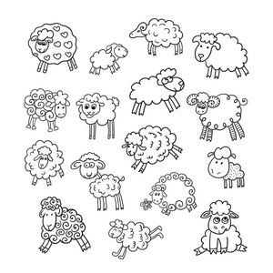 向量集的十六个可爱的绵羊
