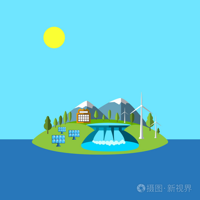 矢量图和绿色能源.风力涡轮机, 水力发电, 太阳能电池板, 电源, 性质