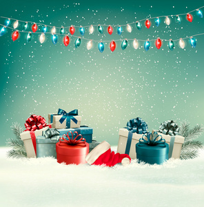 冬天圣诞节背景与礼物和花环。矢量