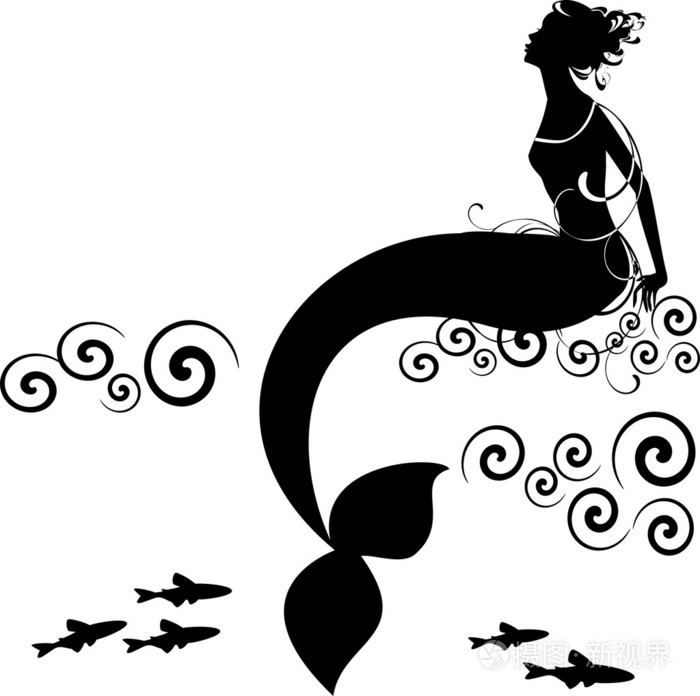 美人鱼和鱼的剪影