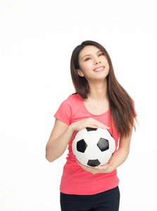 亚洲女孩快乐足球球在她的手