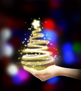 圣诞节的概念。女手形状枞树上节日闪亮背景灯