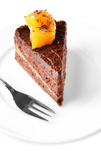 美味的巧克力蛋糕，橙，特写