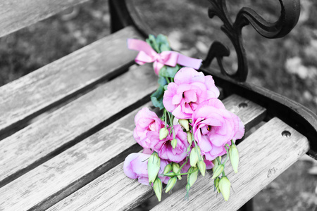 束美丽的桔梗花木坐在公园的长椅上