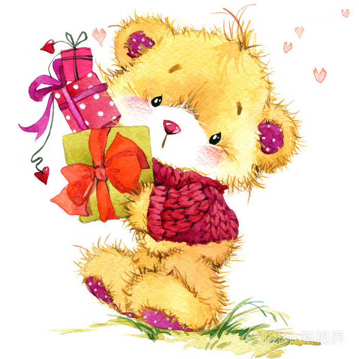 可爱的泰迪熊和红色的心形卡片的背景.水彩绘画